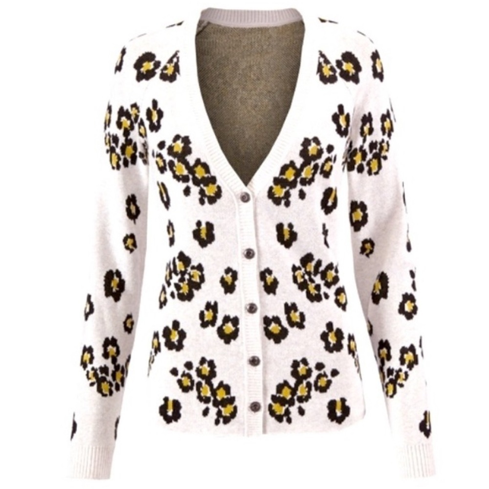 CAbi Cream Cardigan with Yellow and Black Floral Pattern